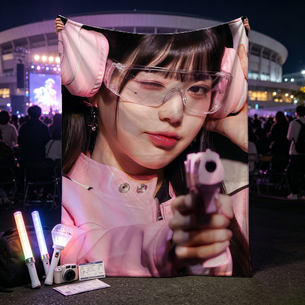 Miu Miu in Pink Cat Ear Headphones Holding a Toy Gun with Clear Glasses and Playful Expression - Blankets