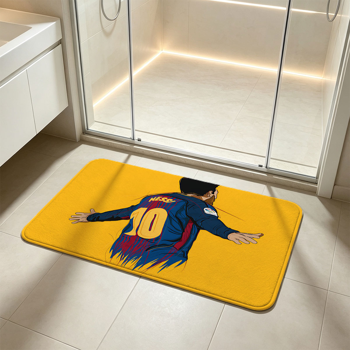 Messi in Barcelona Jersey, Number 10, Celebrating Goal - Flannel floor mat
