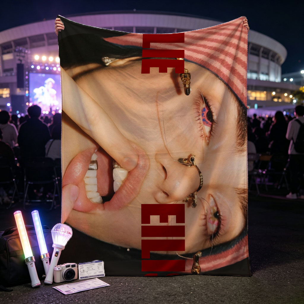 Billie Eilish Close-Up Portrait with Bold Red Text and Striped Beanie - Blankets