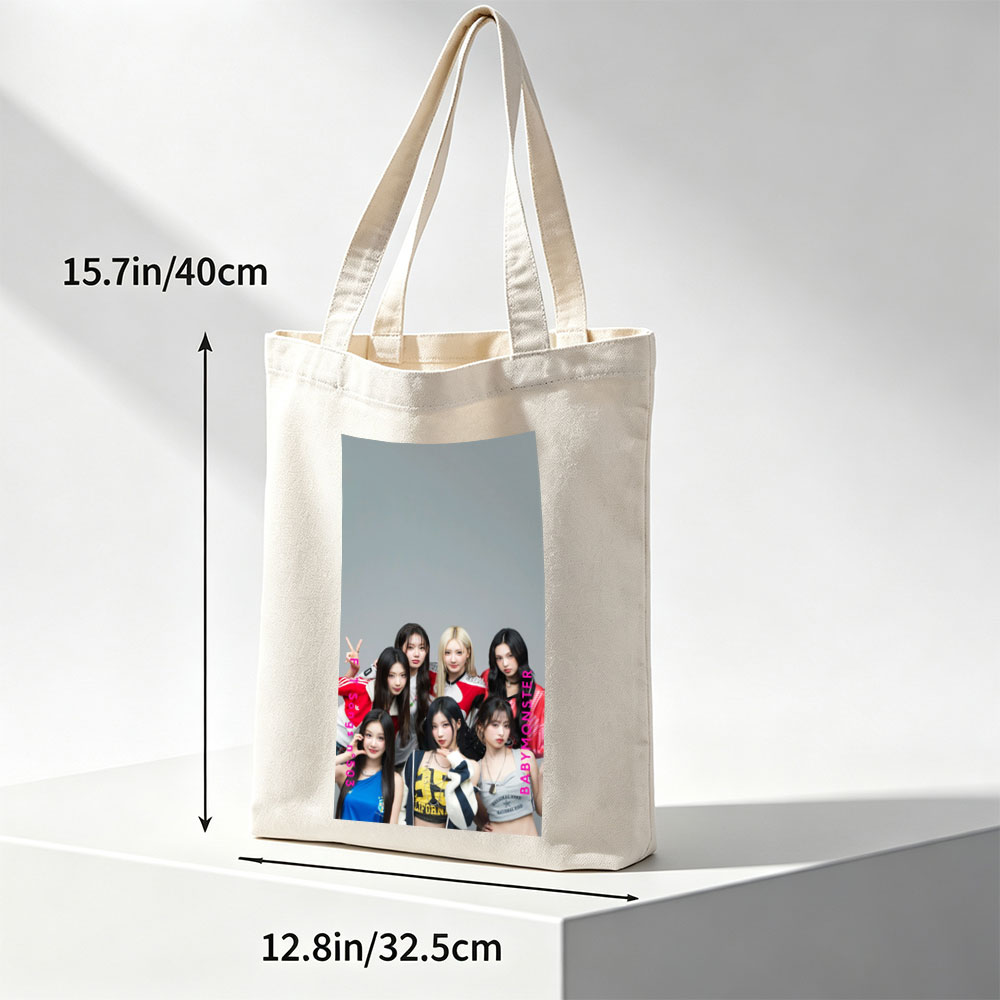 BABYMONSTER Group Photo - Seven Members Posing in Casual Outfits with Playful Expressions and Hand Gestures - Canvas tote bags