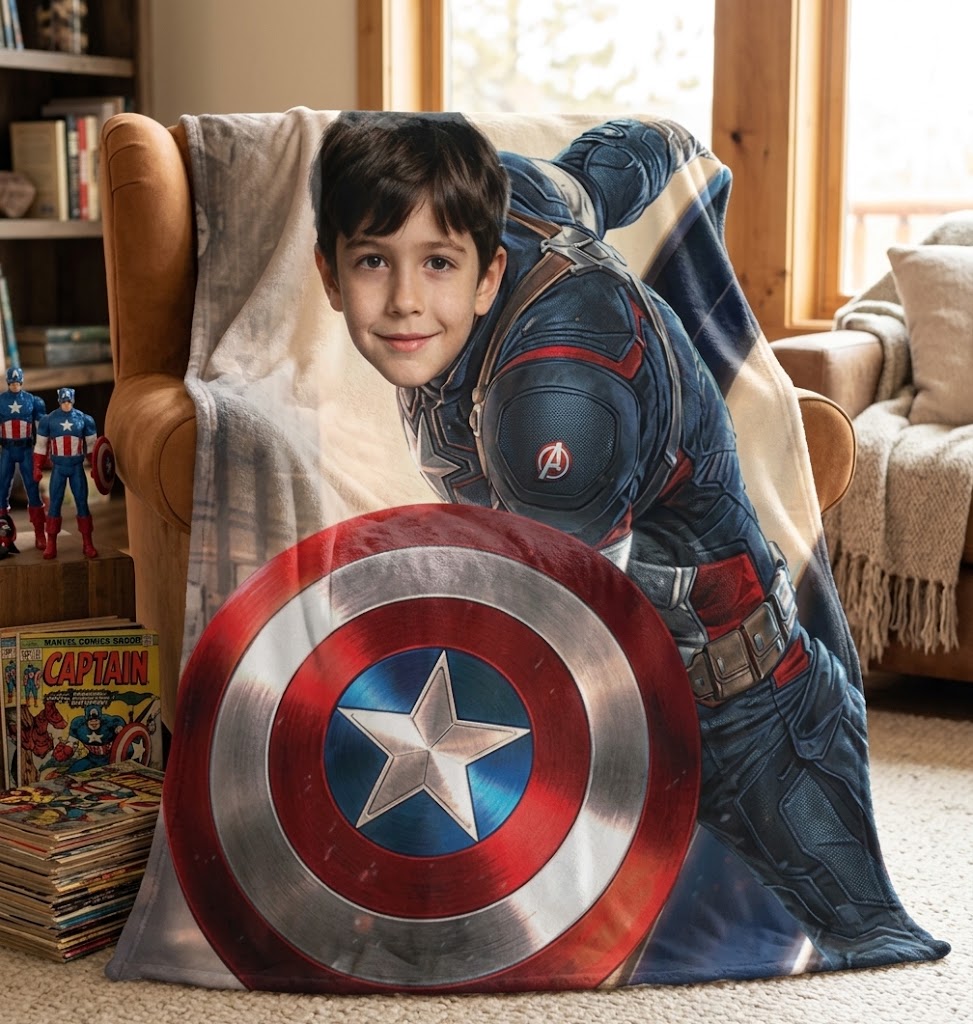 DIY Custom Face Captain America Blanket, Battle Fire Smoke Theme Upload Kid Photo Personalized Fleece Throw Blanket for Boys