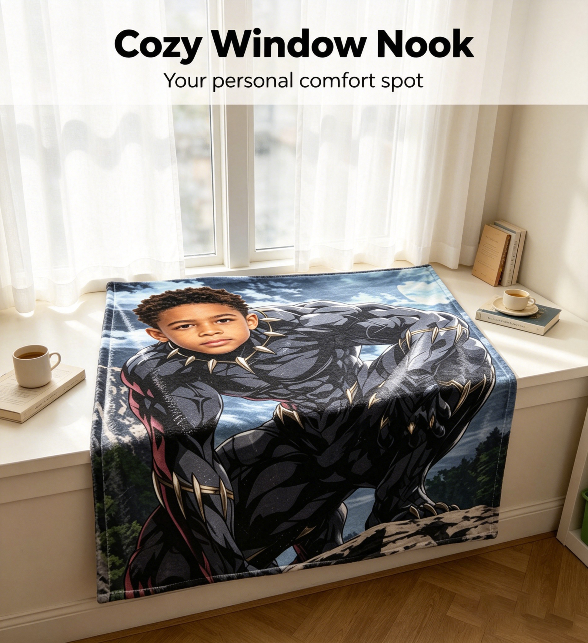 DIY Custom Face Black Panther Blanket, Wild Mountain Theme Upload Kid Photo Personalized Fleece Throw Blanket for Boys
