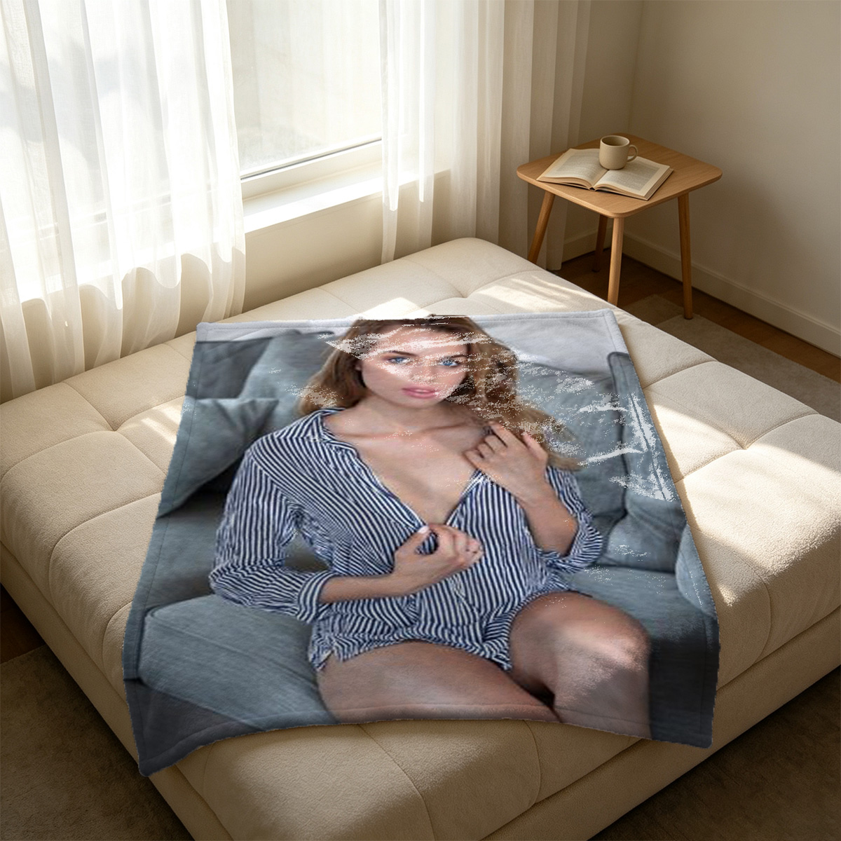 Nude woman with long blonde hair posing seductively in a brown velvet armchair. - Blanket