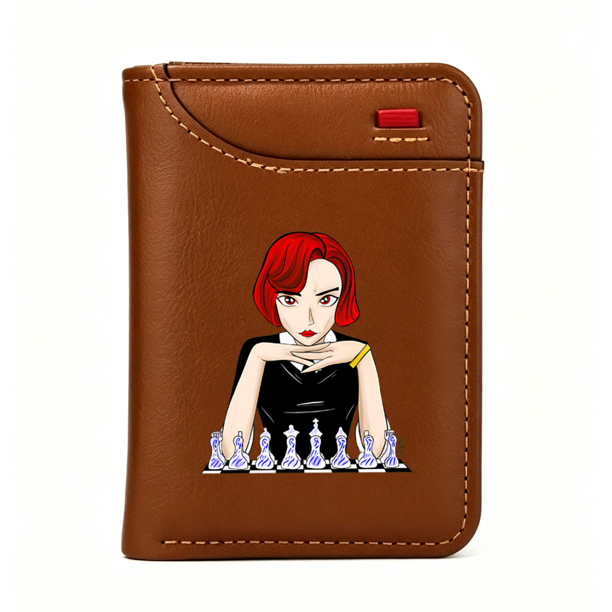 Red-Haired Woman in Black Dress Playing Chess - Vertical Style Wallet