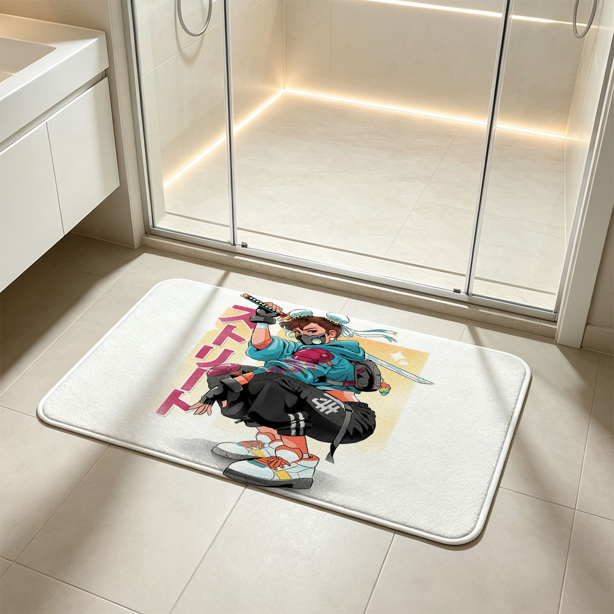 Street Fighter Character with Sword and Mask - Flannel floor mat