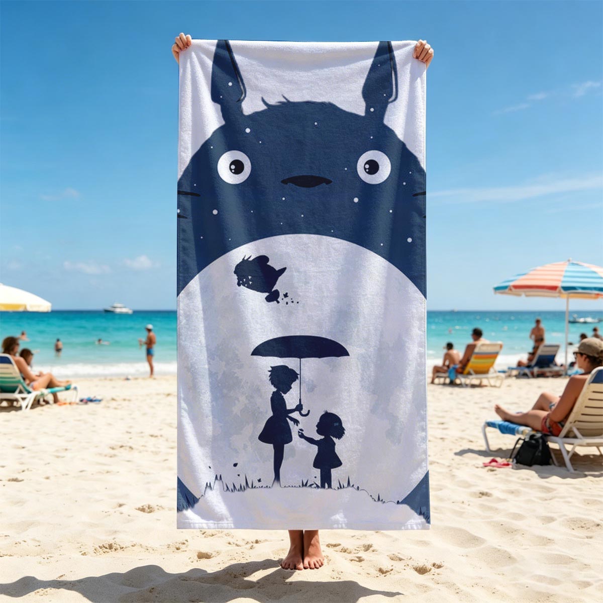 Totoro, Satsuki, and Mei under the Moonlight - Beach towels