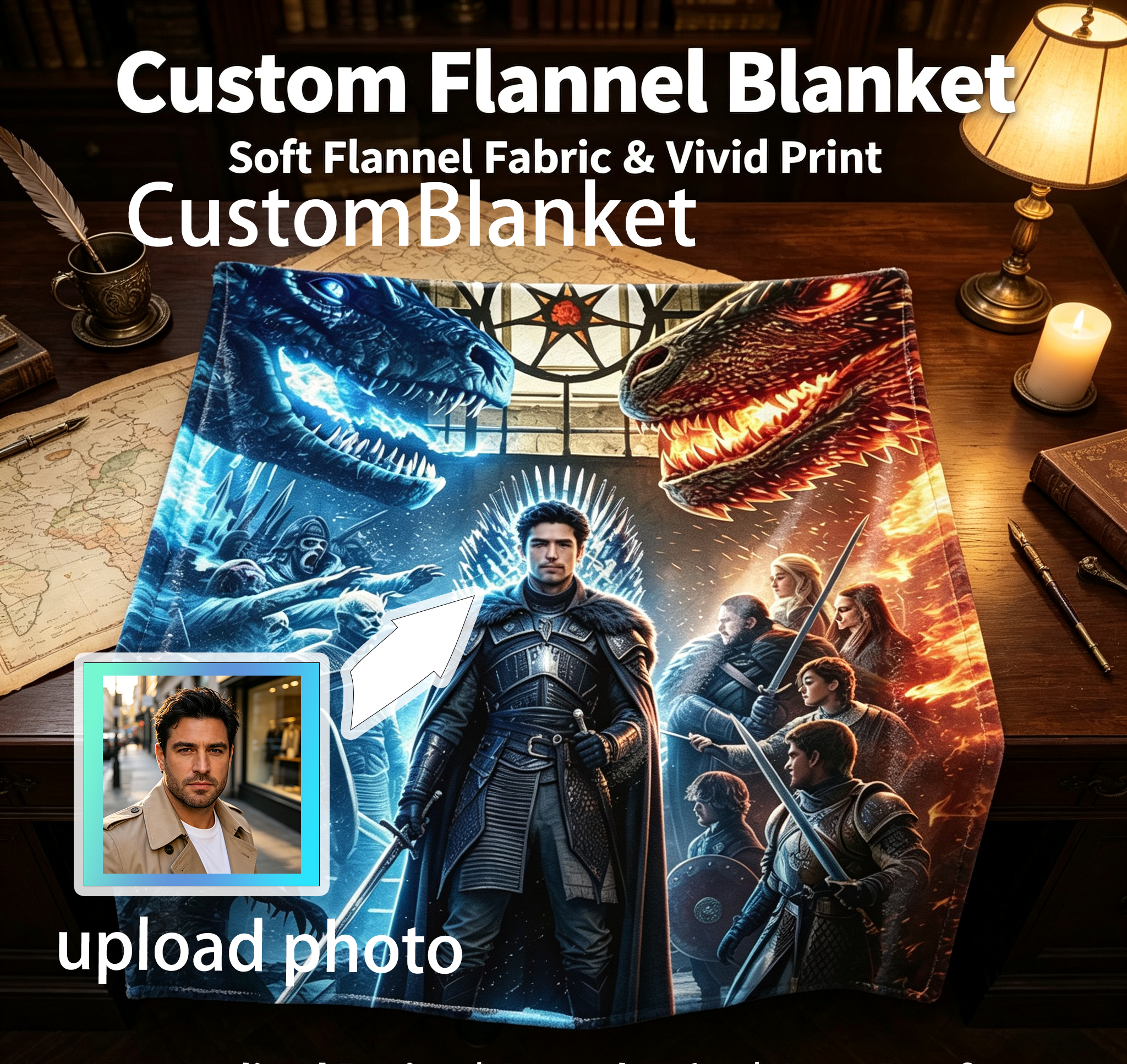 Custom Face Blanket Game of Thrones Iron Throne Dragon King Flannel Blanket Cozy Living Room Bedding Gift for Fans and Collectors