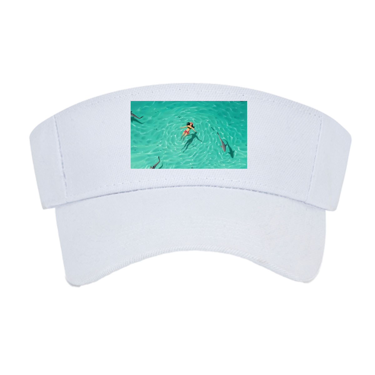 Woman swimming with sharks in clear turquoise water -  Visor cap