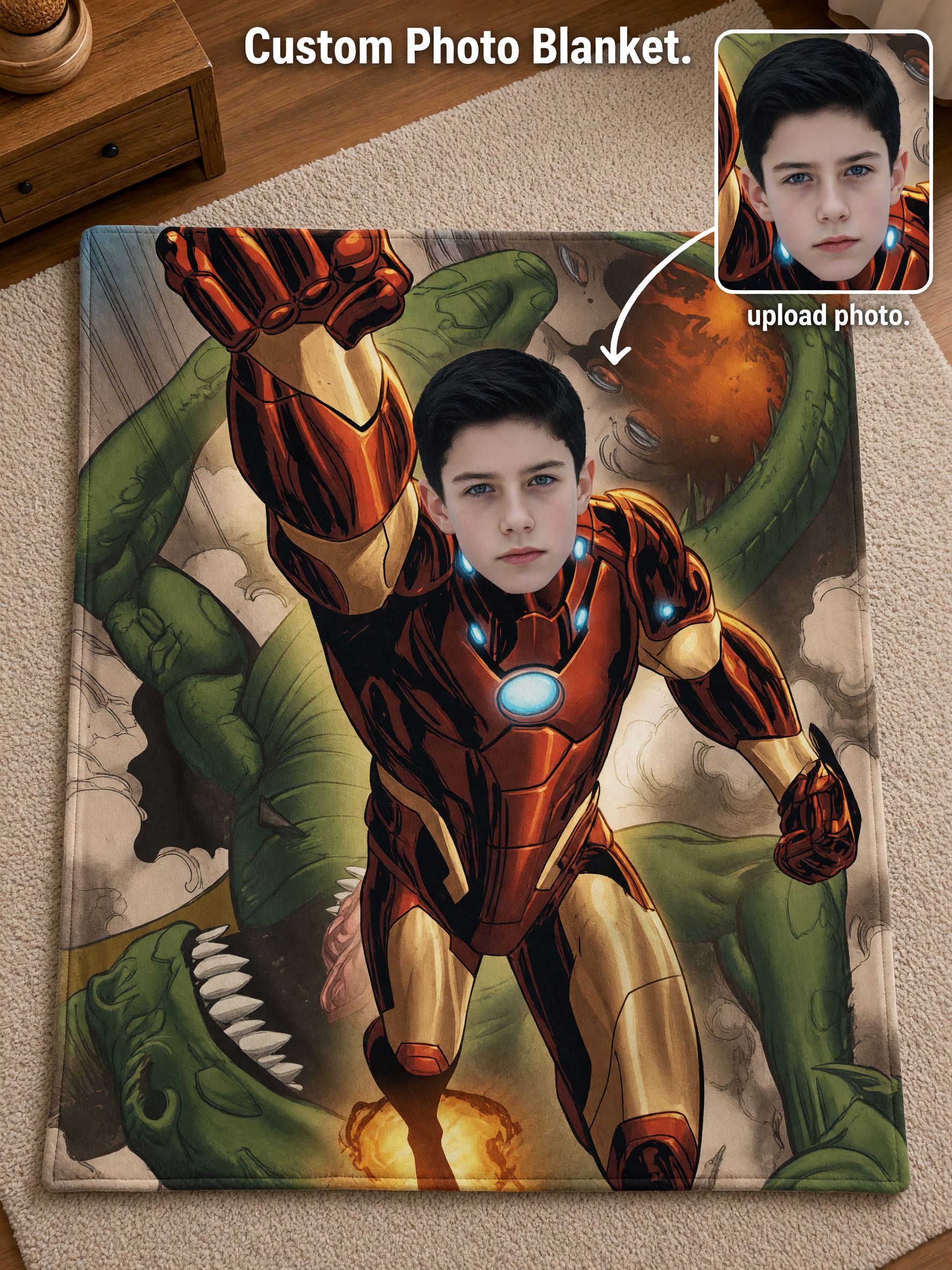 Custom Face Superhero Flannel Blanket Personalized Comic Book Photo Throw Soft Plush Fleece Bedding Gift for Kids