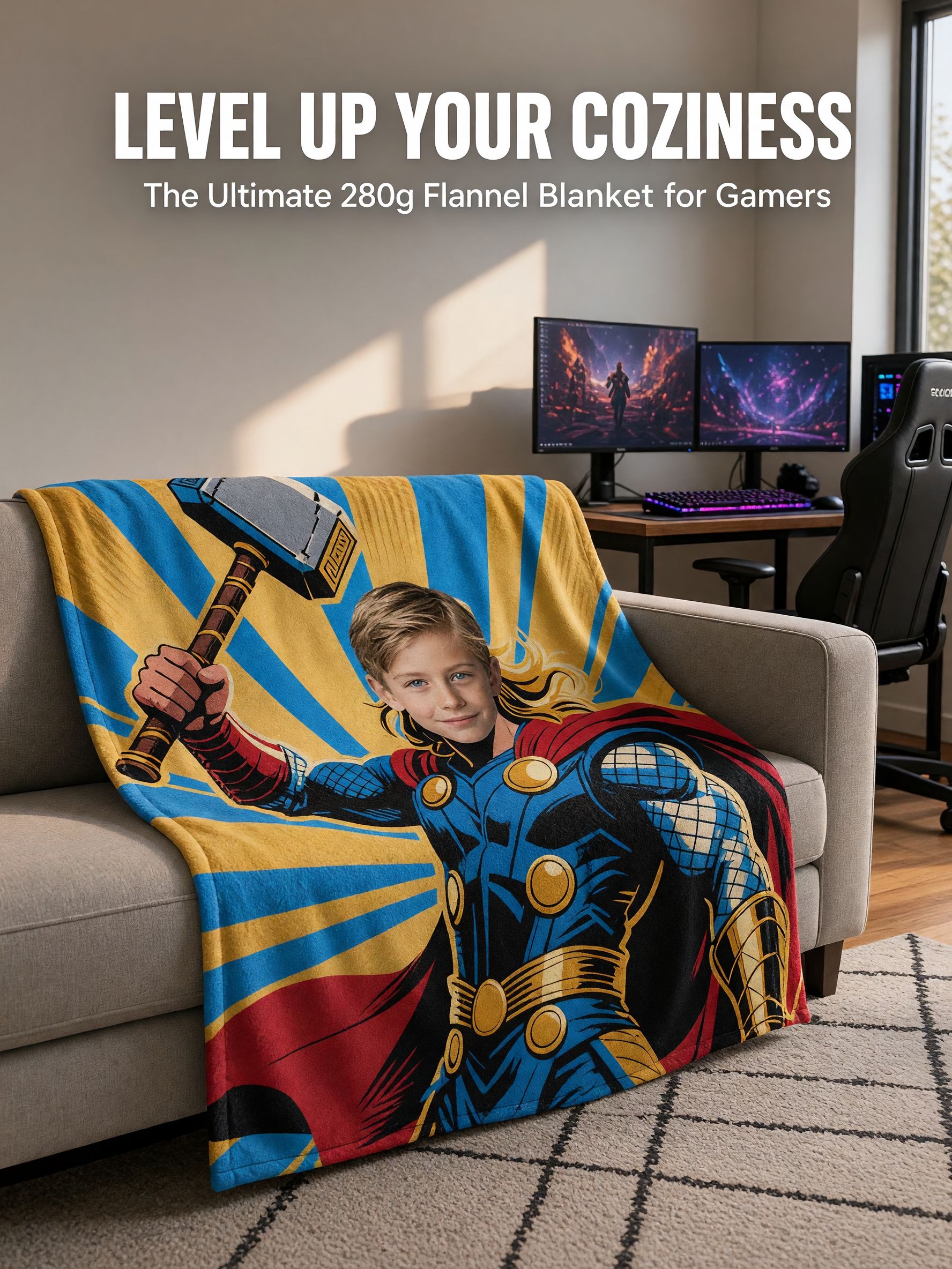 Custom Superhero Photo Face Blanket, Personalized Flannel Fleece Throw for Kids and Adults, Cozy Bed Couch Gift