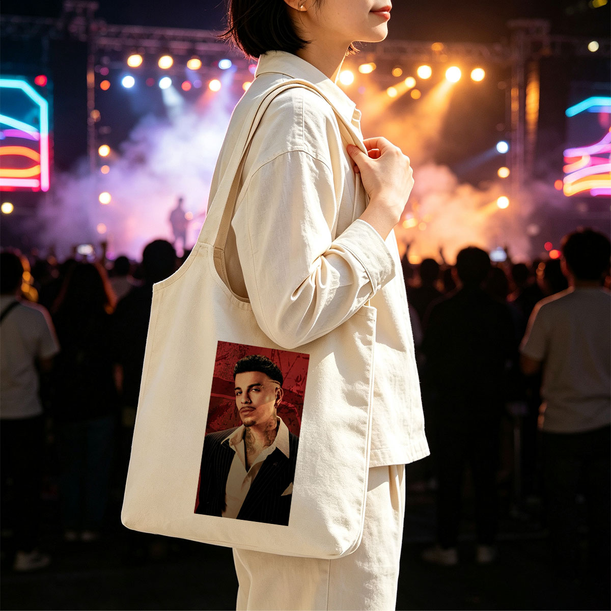Bad Bunny in a Sharp Suit with Visible Neck Tattoos Against a Red Grunge Background - Canvas shoulder bags/