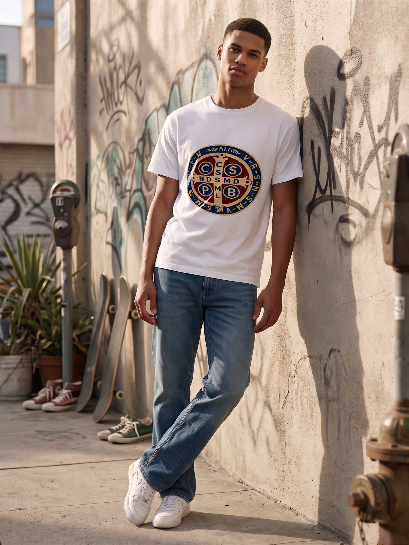 Men's Printed T-Shirt with Saint Benedict Medal Design and Religious Symbolism - Casual Round Neck Lightweight Breathable Summer Short Sleeve Tee for Faithful Men, Perfect for Daily Wear, Church, or Spiritual Activities