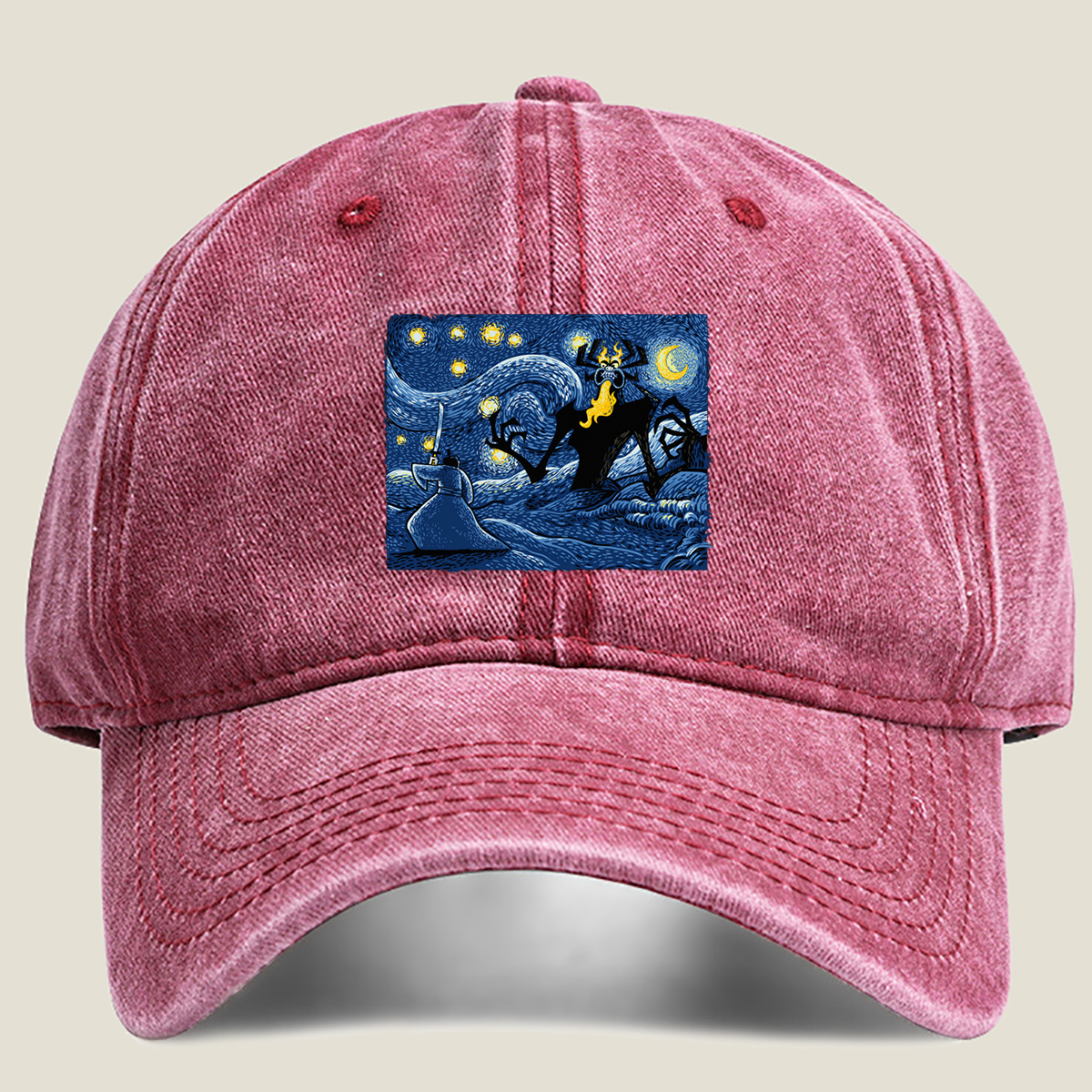 Samurai and Spider Demon in Starry Night - Washed Denim - Baseball Cap