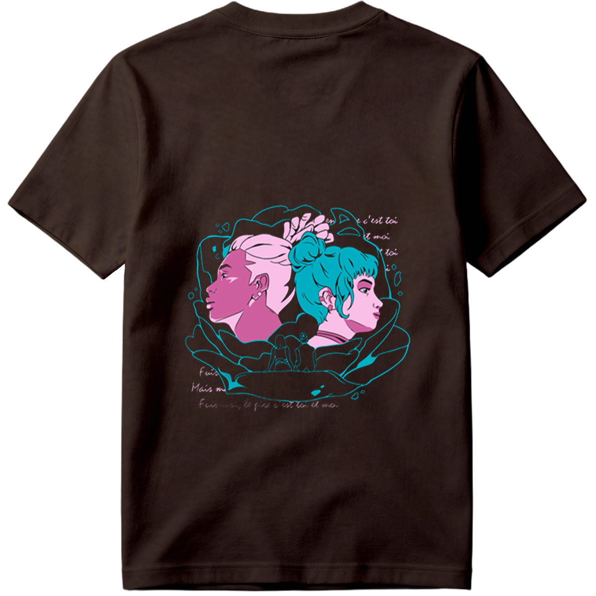 Two Women in Profile: A Stylized Artwork Featuring Pink and Teal Hair with French Text - Tee
