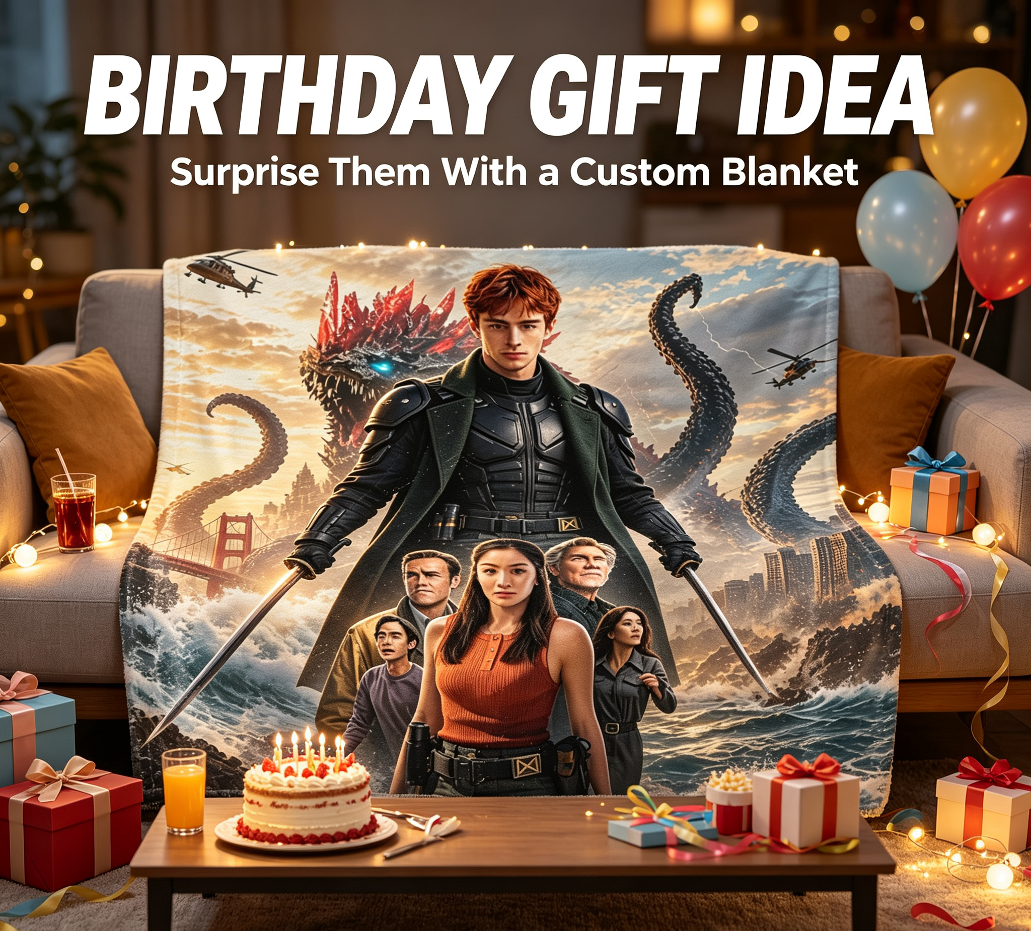 Custom Face Blanket Monarch Legacy of Monsters Flannel Blanket for Couch, Bed, or Travel – Perfect Gift for Fans of Sci-Fi and Monster Movies