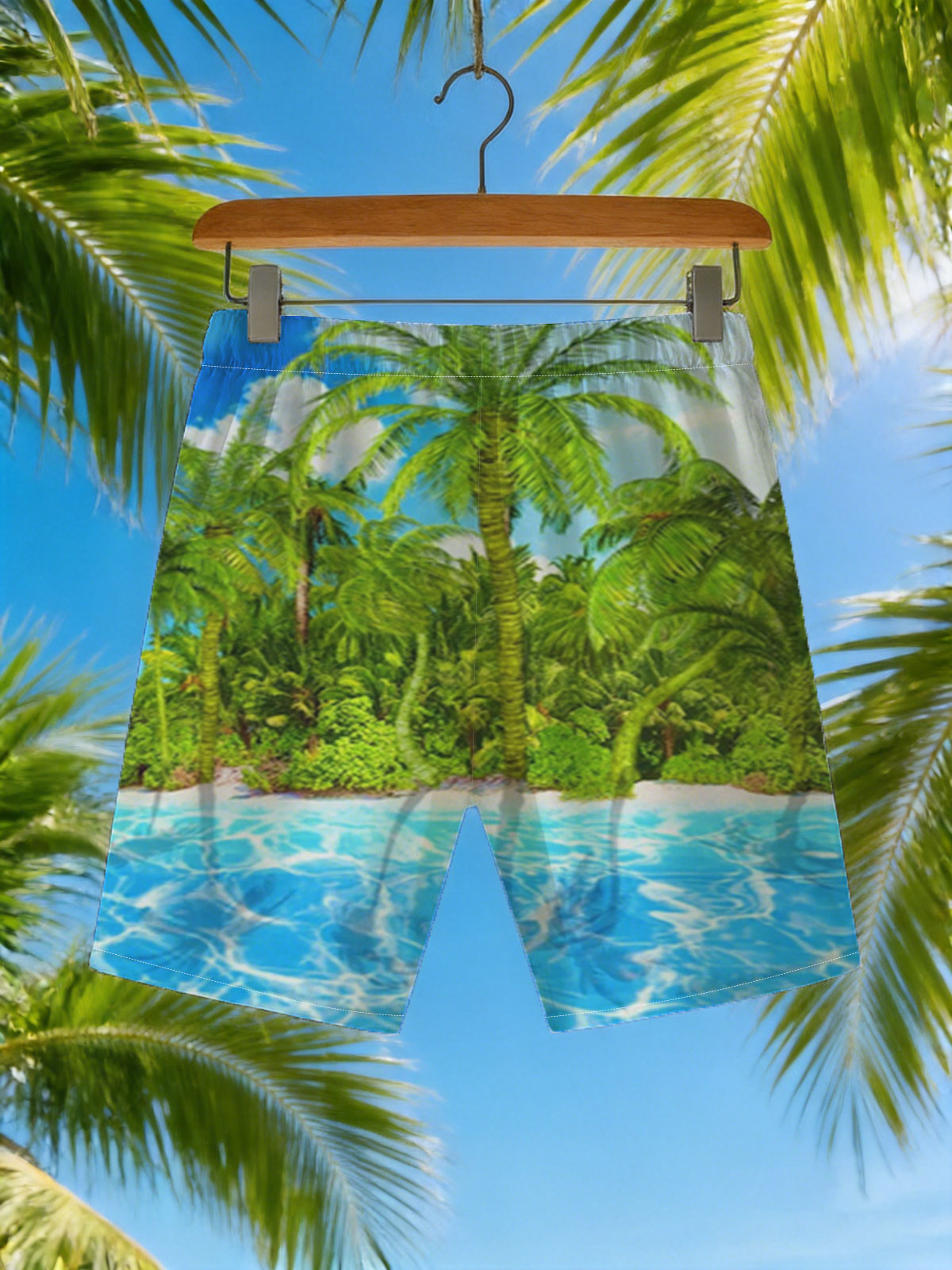 Tropical Paradise with Palm Trees and Crystal Clear Water -  Beach shorts