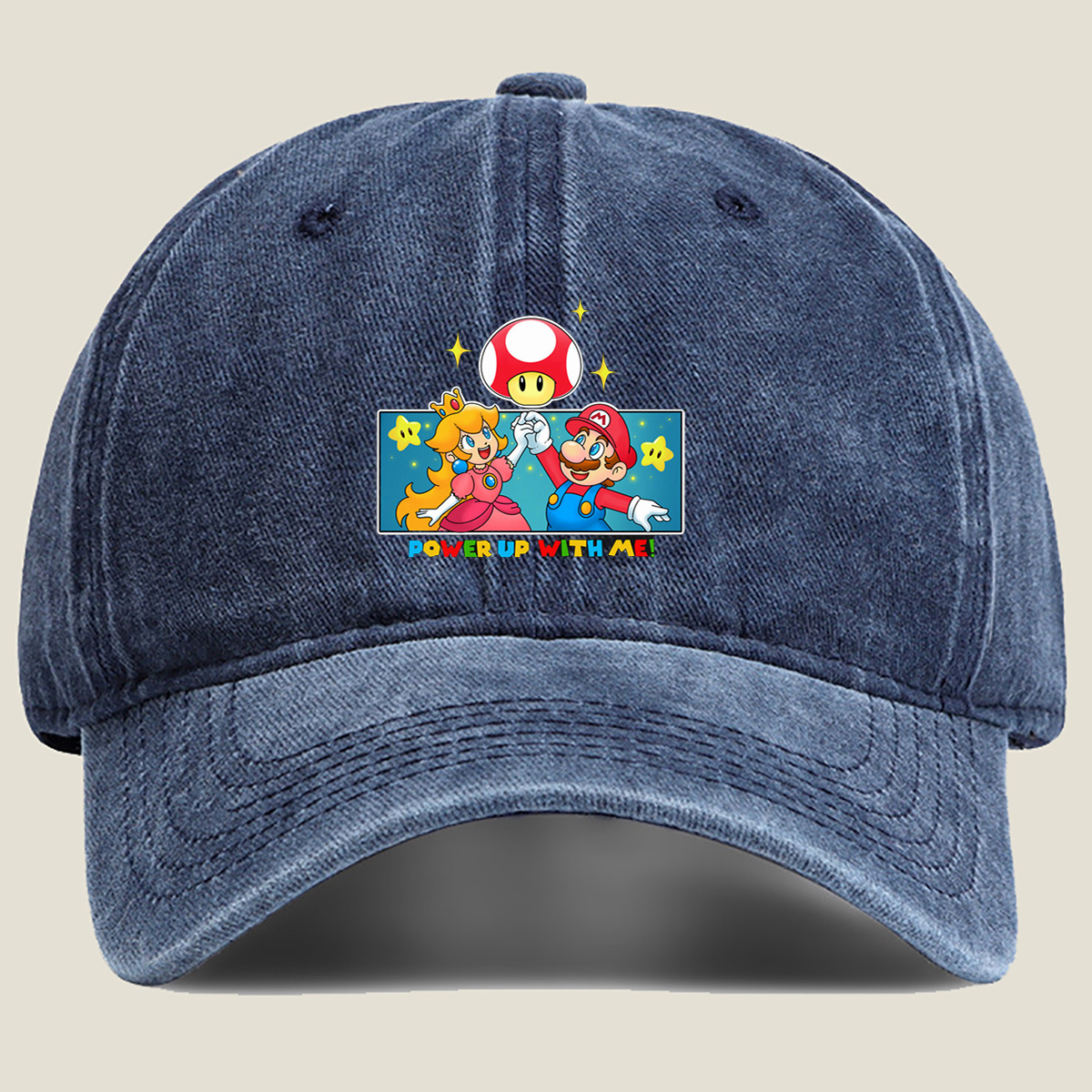 Super Mario: Mario and Peach Power Up with Toad! - Washed Denim - Baseball Cap