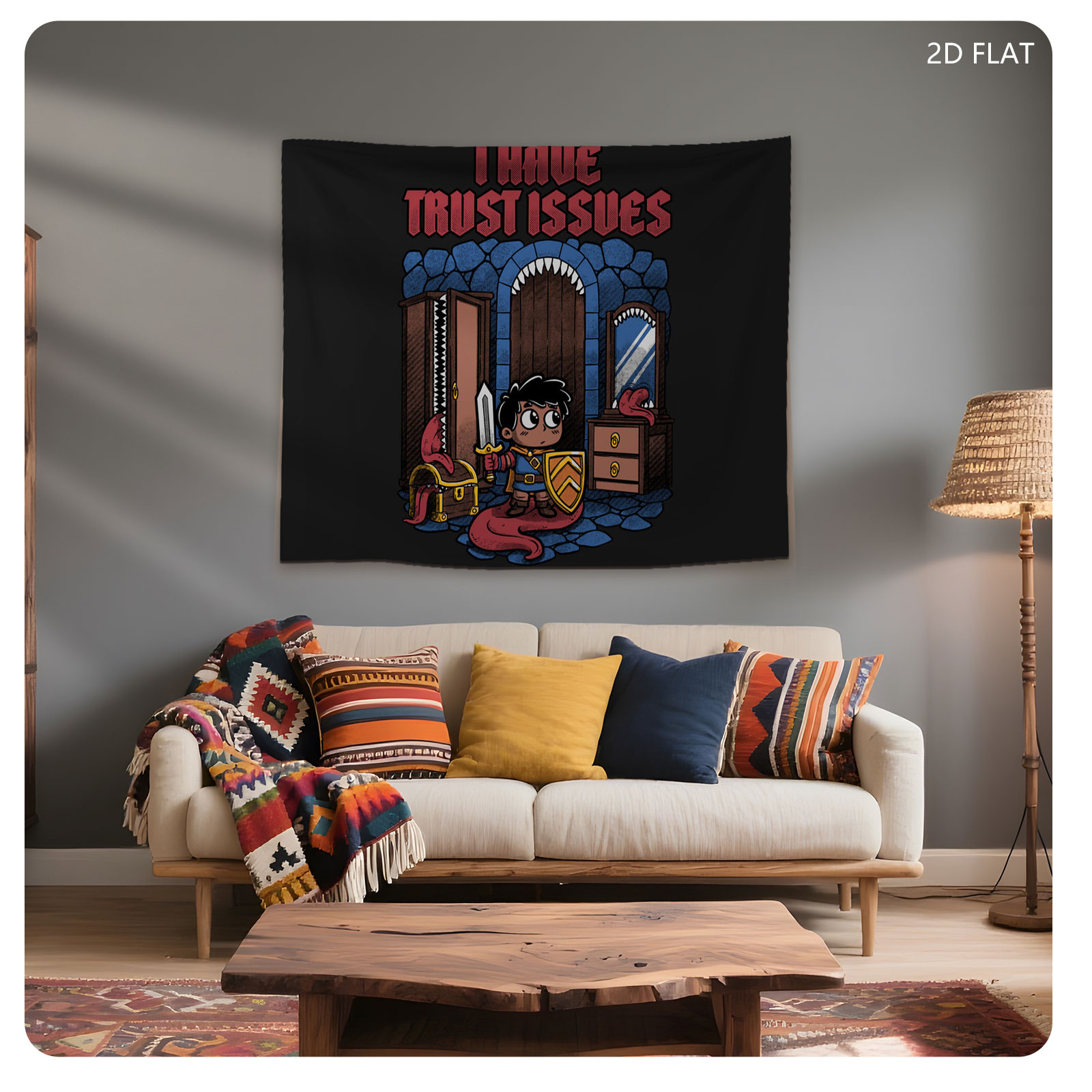 I Have Trust Issues: A Knight with a Sword and Shield Stands Before a Door with a Dragon's Tail, Chest, and Mirror in a Stone Room - Tapestry