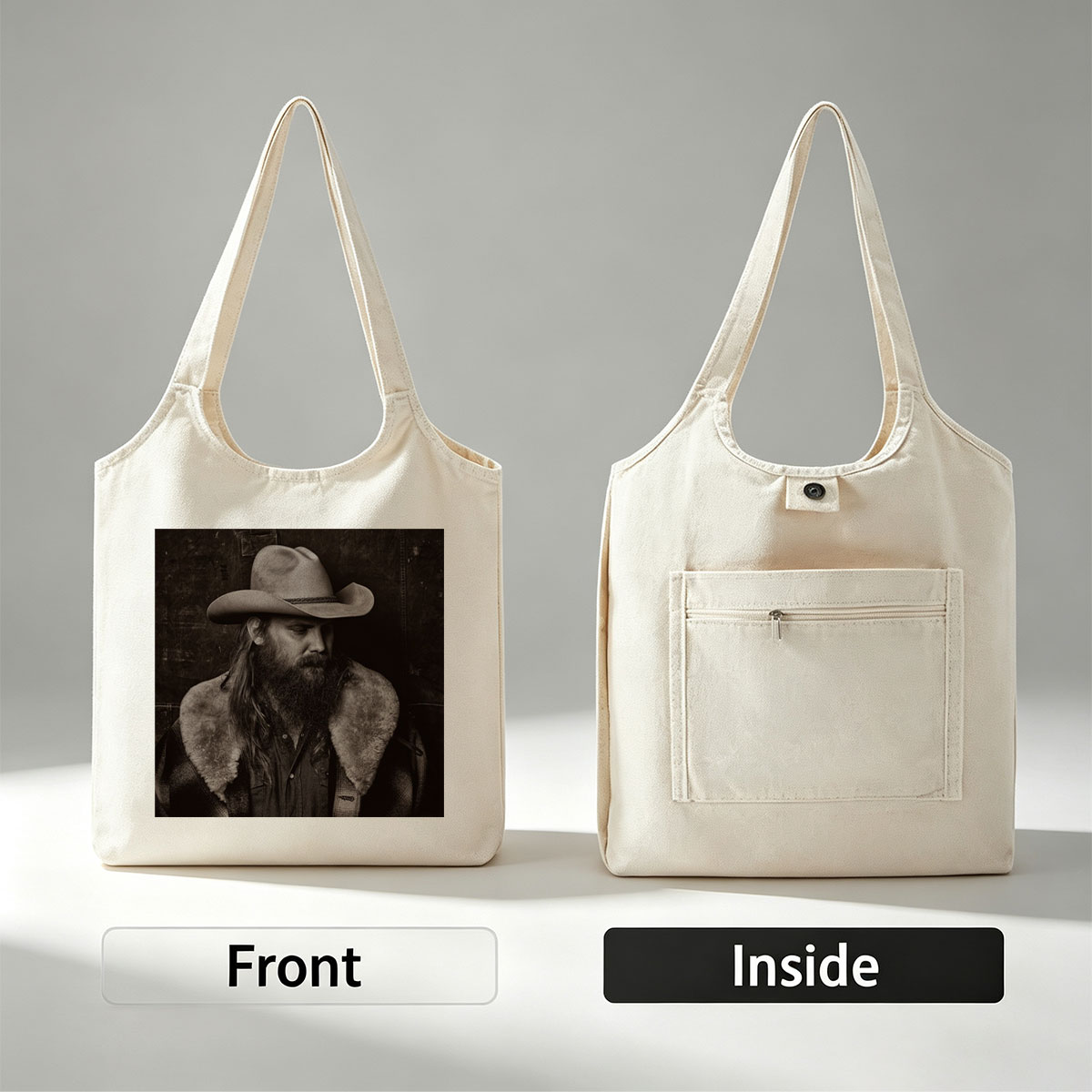 Chris Stapleton in a Cowboy Hat and Fur-Collared Jacket, Gazing Thoughtfully in a Monochrome Portrait - Canvas shoulder bags/