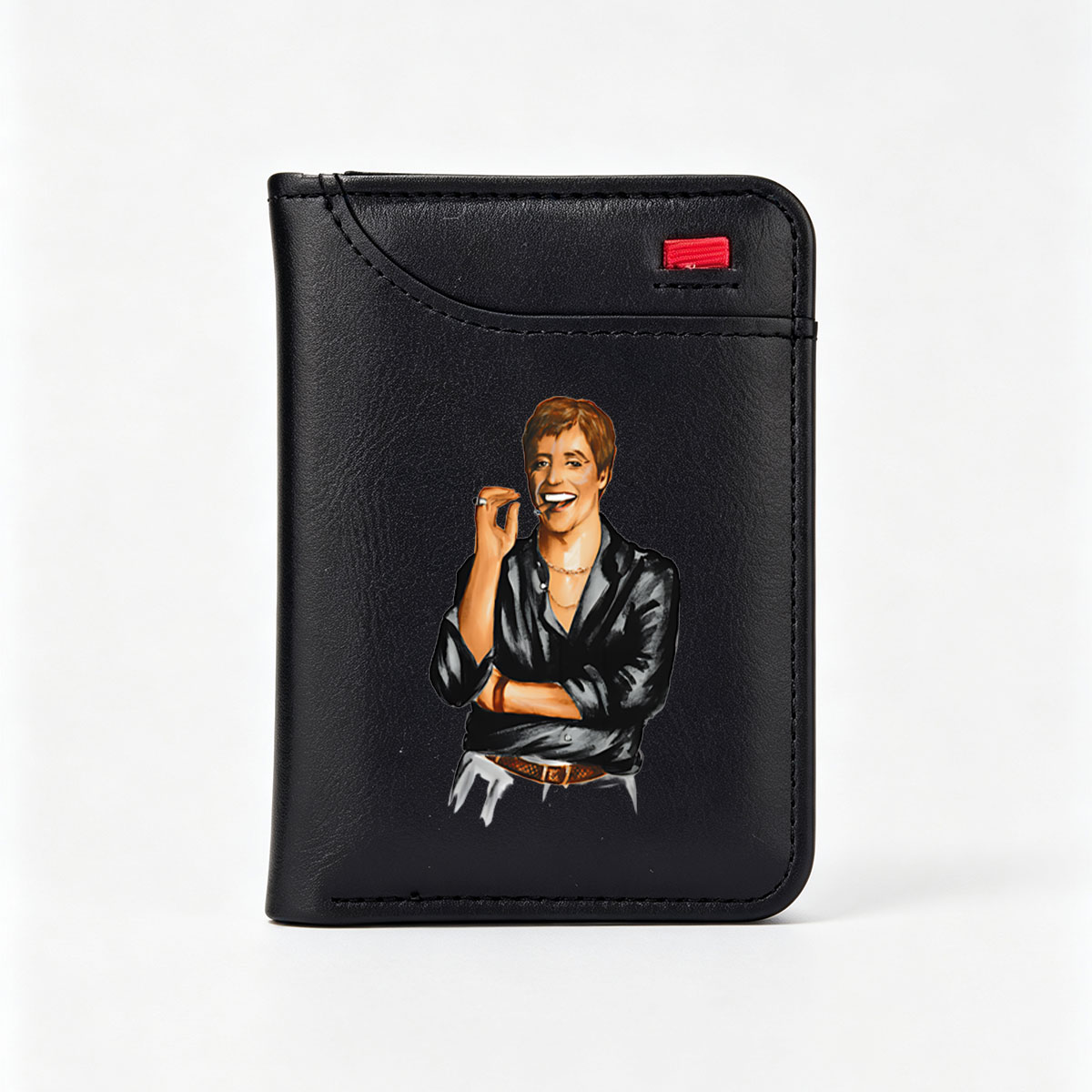 Elton John in a stylish black shirt, smiling with a cigarette in hand - Vertical Style Wallet