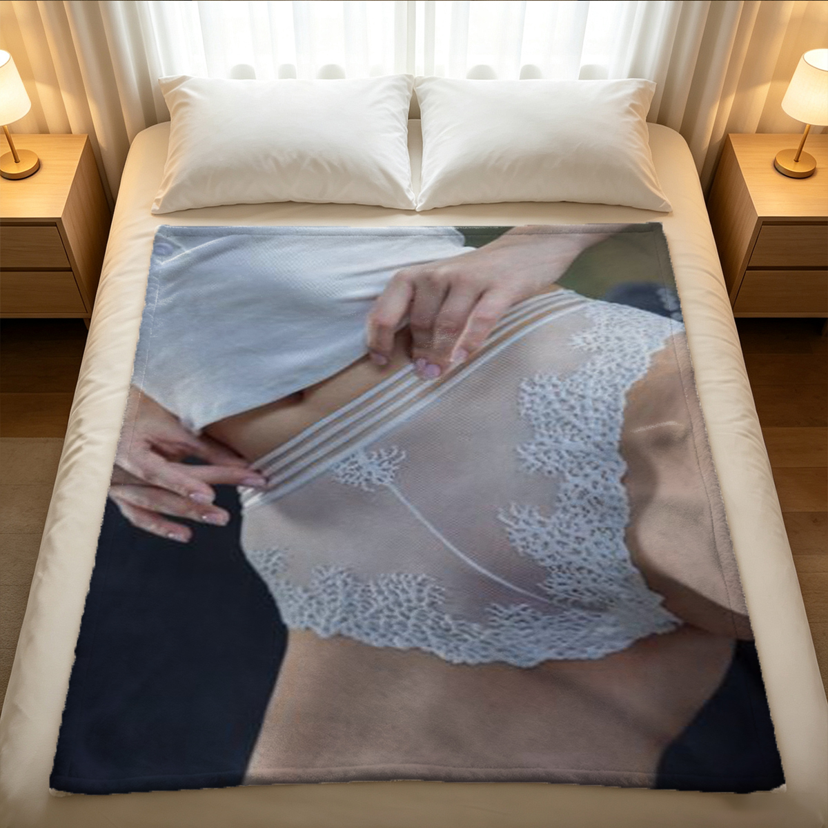 Nude Brunette with Back Tattoo Kneeling on Bed in White Thong - Blanket