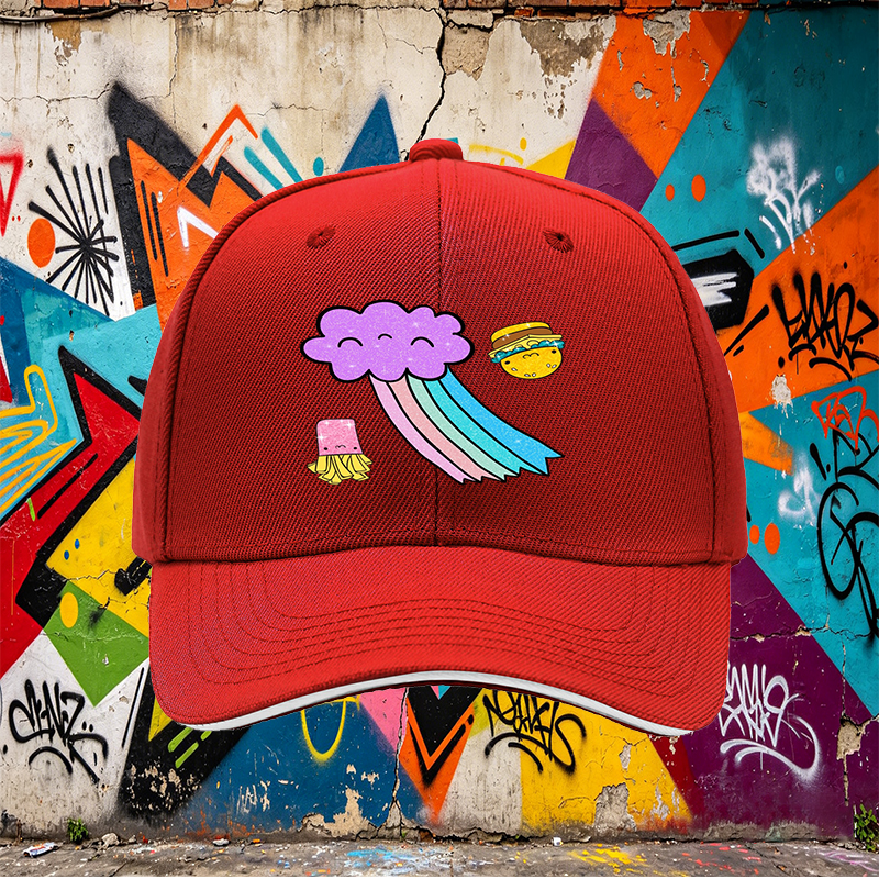 Unisex Classic Sandwich Hat with Kawaii Rainbow Cloud, Happy Burger & Fries Print – Perfect for Casual Outings, Festivals, and Daily Wear – Ideal for Teens and Young Adults Loving Fun Food-Themed Fashion