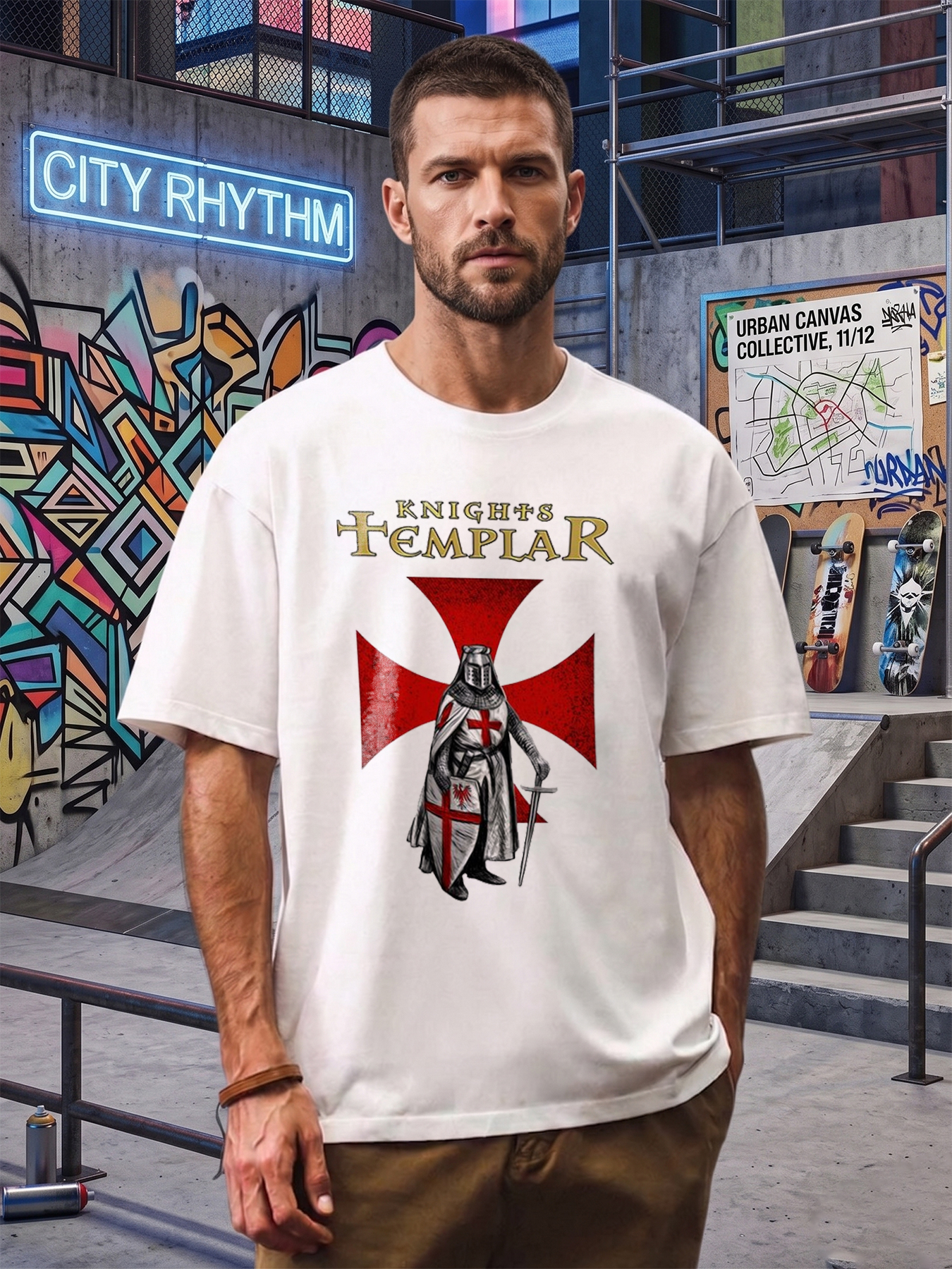 Men's Knights Templar Printed T-Shirt Featuring Medieval Knight with Red Cross Design, Casual Round Neck Lightweight Breathable Summer Short Sleeve Tee for History Enthusiasts and Medieval Fanatics