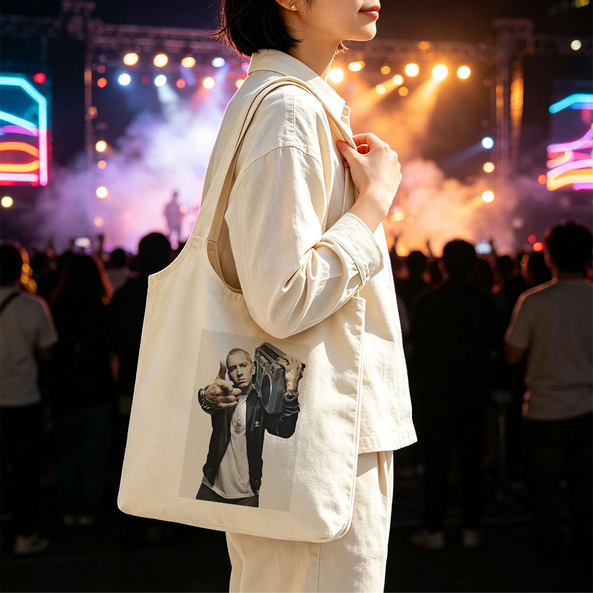 Eminem Holding Boombox Pointing at Camera in Iconic Pose - Canvas shoulder bags/