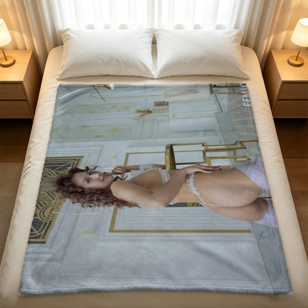 Nude Model in Beige Micro Bikini Posing Seductively - Blanket