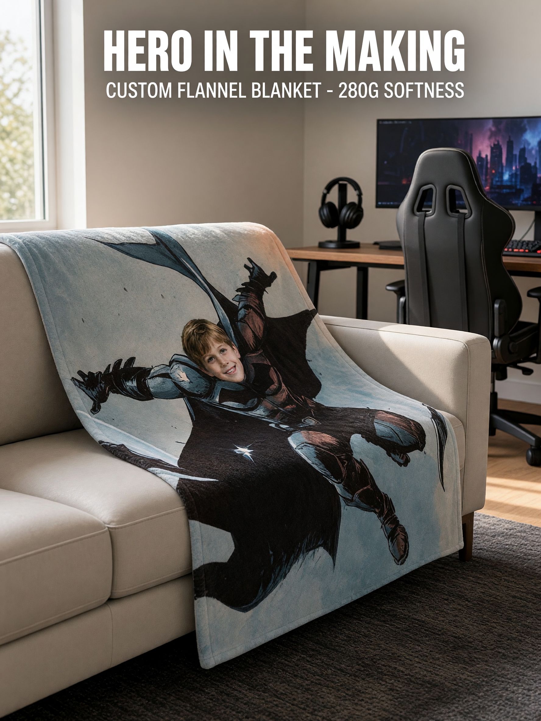 Custom Superhero Face Photo Blanket, Personalized Soft Flannel Throw for Kids and Adults, Ideal Cozy Hero Gift