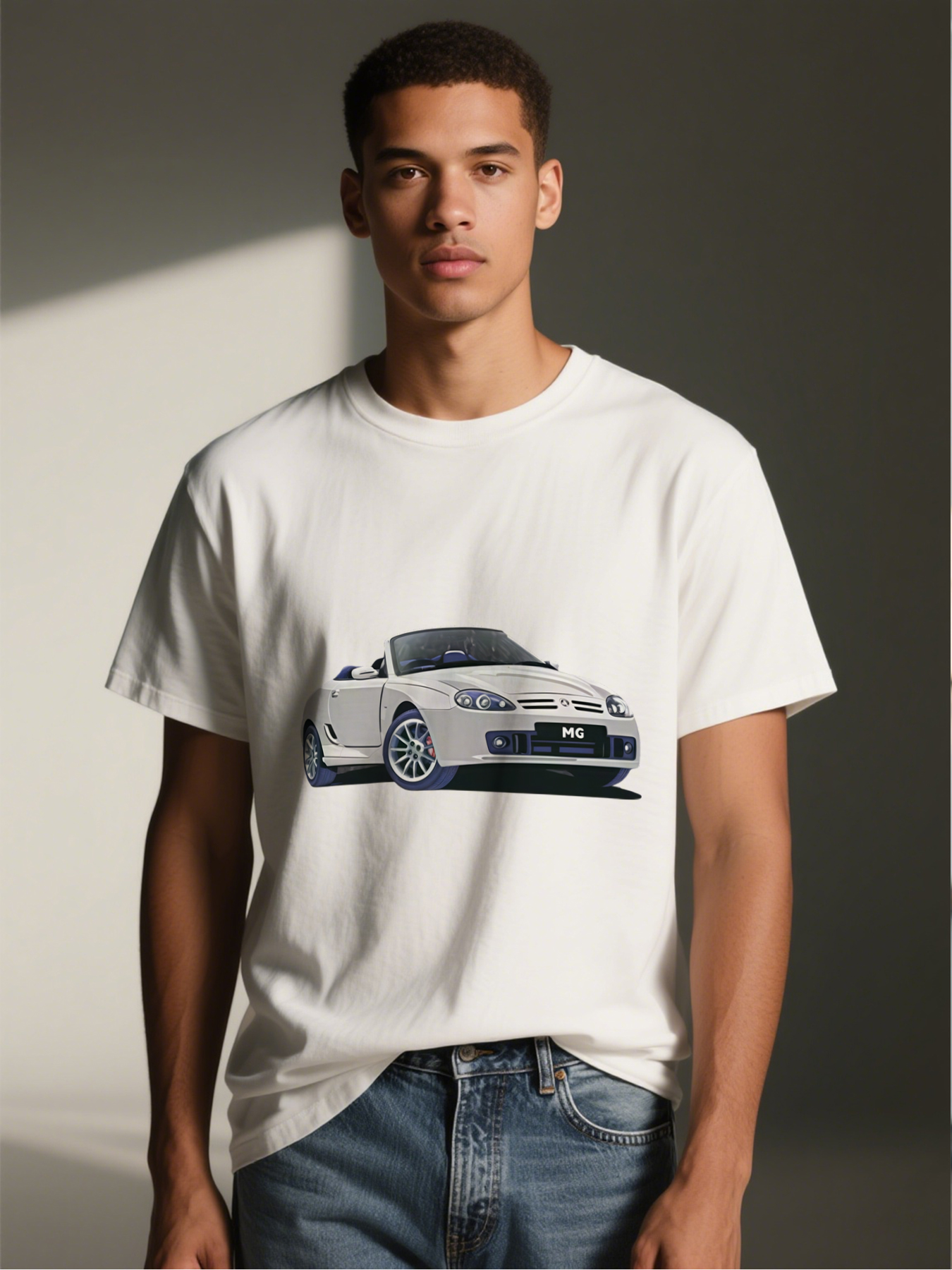 Men's Printed T-Shirt with MG Convertible Car Graphic and Logo Design Casual Round Neck Summer Lightweight Breathable Short Sleeve Tee for Car Enthusiasts and Automotive Fans
