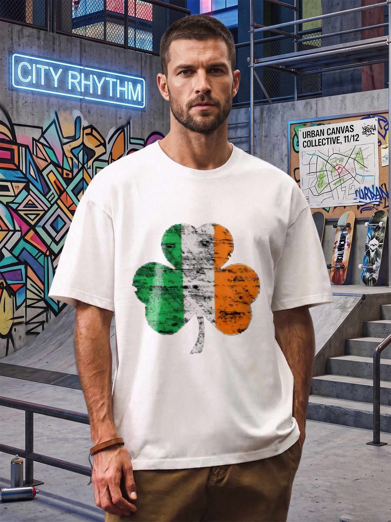 Men's Printed T-Shirt Irish Flag Shamrock Design Casual Round Neck Summer Lightweight Breathable Short Sleeve T-Shirt for St. Patrick's Day Parties and Everyday Wear Adult Men