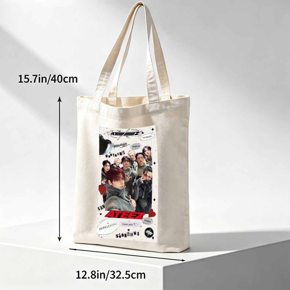 ATEEZ Group Photo Featuring Members in Stylish Outfits with Heart and Name Decorations - Canvas tote bags
