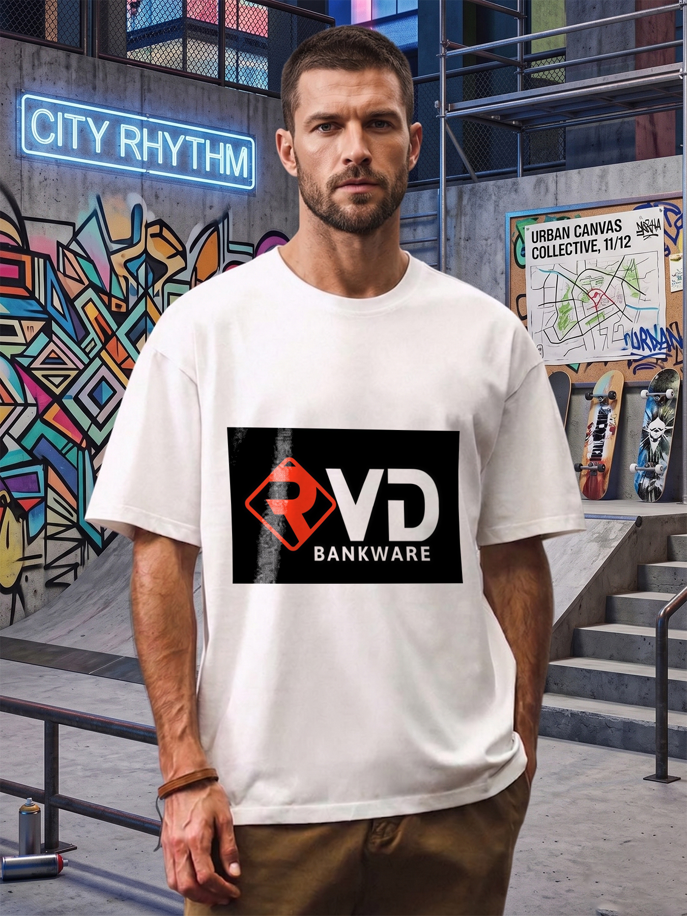 Men's Printed T-Shirt with PVD Bankware Logo Design Casual Round Neck Lightweight Breathable Summer Short Sleeve Tee for Daily Wear, Outdoor Activities, and Tech Enthusiasts