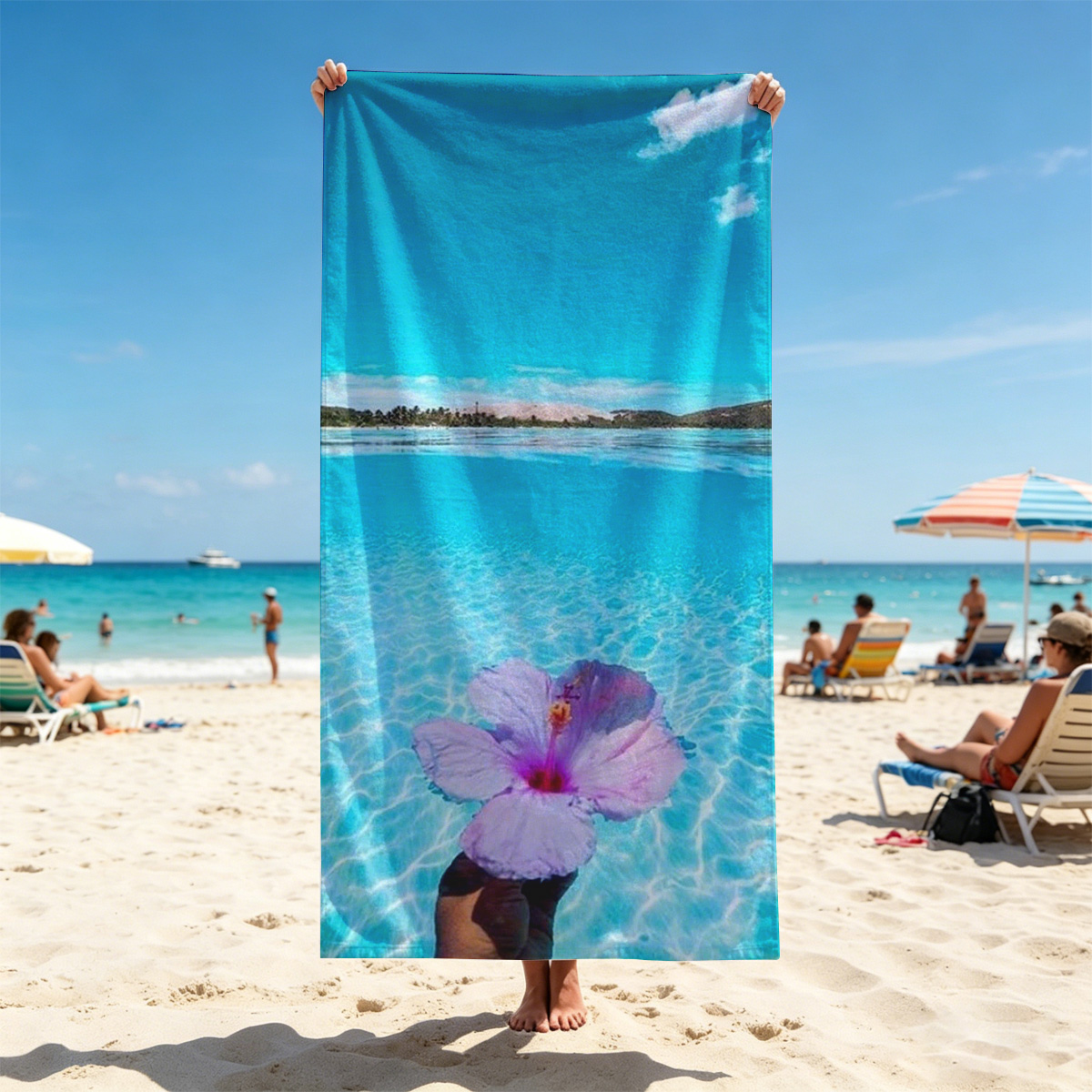 Hand holding a pink hibiscus flower over crystal-clear turquoise water under a bright blue sky. - Beach towels