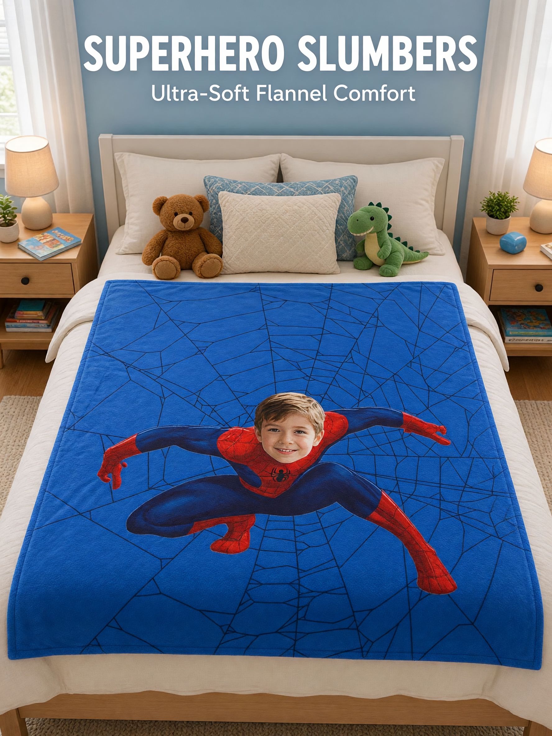 Personalized Face Photo Superhero Flannel Fleece Blanket Custom Soft Throw for Kids and Adults Cozy Birthday Gift