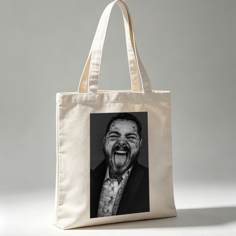 Post Malone Screaming in Black and White Portrait with Facial Tattoos and Suit - Canvas tote bags