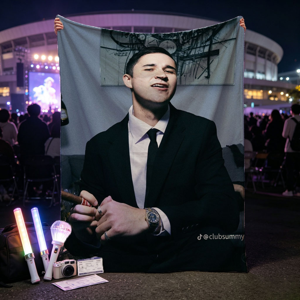 Pete Davidson in a Suit Holding a Cigar with Artwork in the Background - Blankets