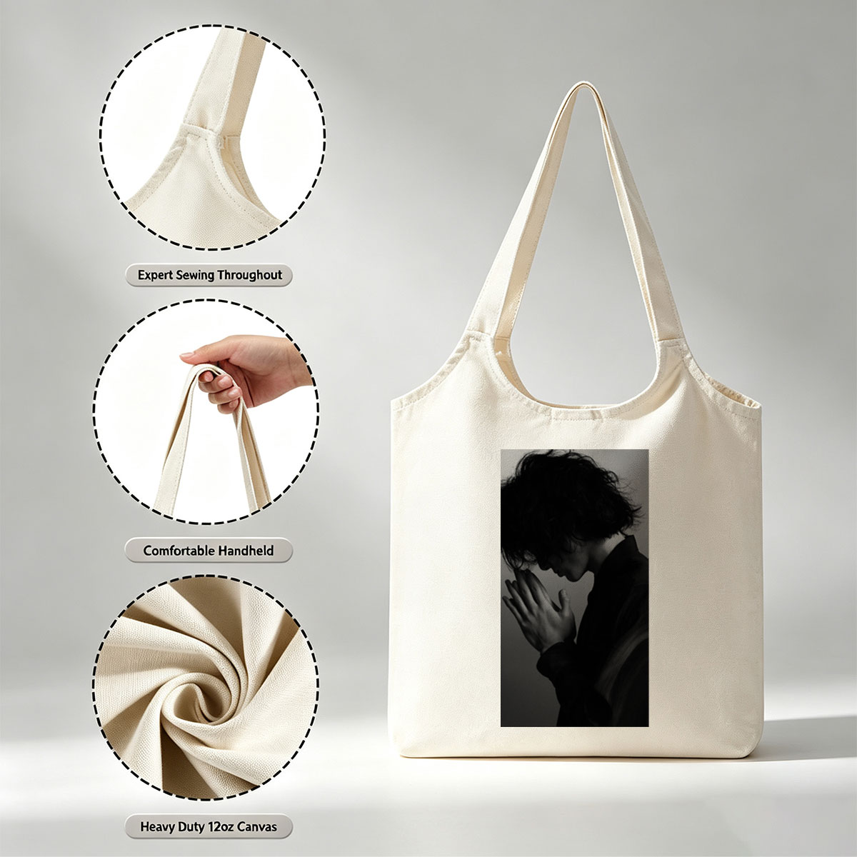 Yojiro Noda in a contemplative pose with hands clasped, captured in dramatic black and white lighting. - Canvas shoulder bags/