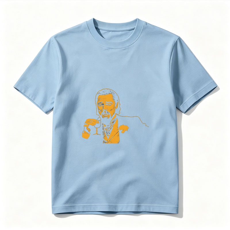 Liam Neeson as a suave gentleman holding a wine glass, stylized in bold yellow and black. - Tee