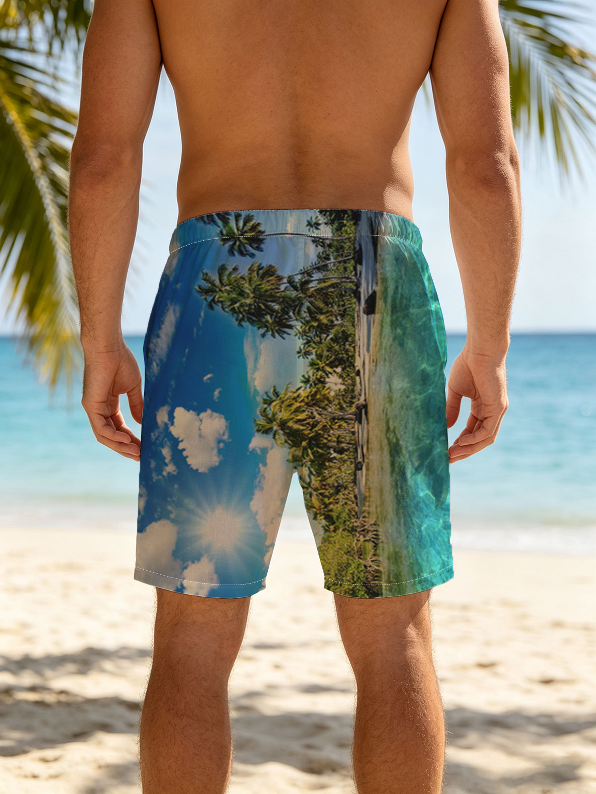 Tropical Paradise with Palm Trees and Crystal Clear Water -  Beach shorts