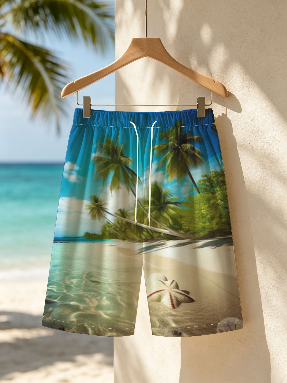 Tropical Beach with Palm Trees and Starfish -  Beach shorts