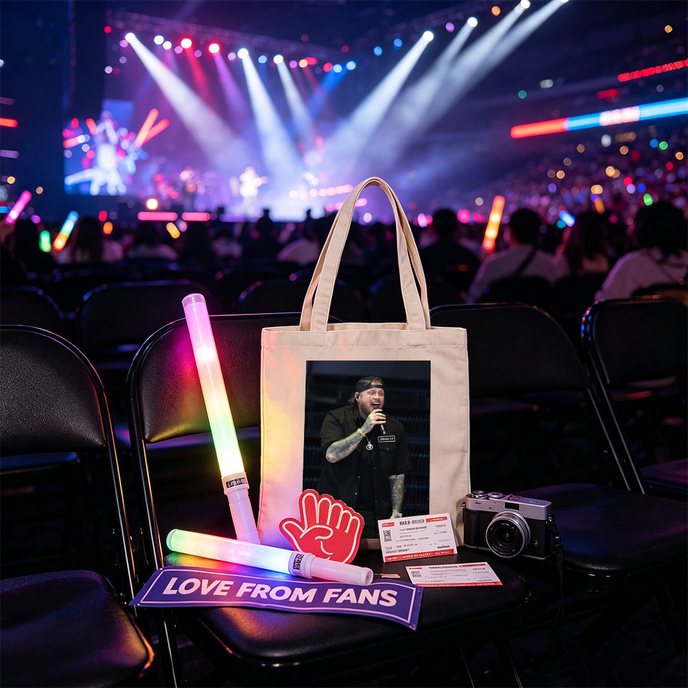 Cody Johnson Performing on Stage with Microphone and Tattooed Arms - Canvas tote bags