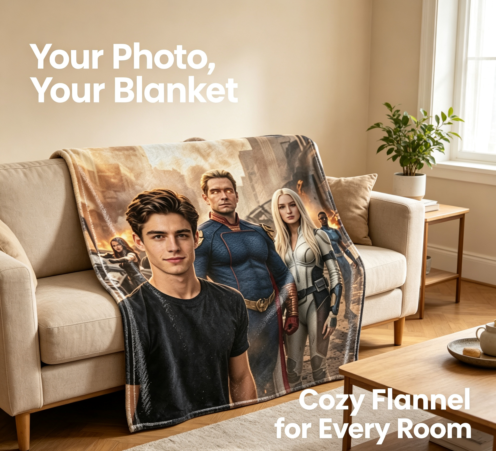 Custom Face Blanket Featuring The Boys Superhero Team in City Battle Scene Flannel Blanket Perfect for Fans and Cosplay Enthusiasts Ideal Gift or Giveaway for Movie Lovers