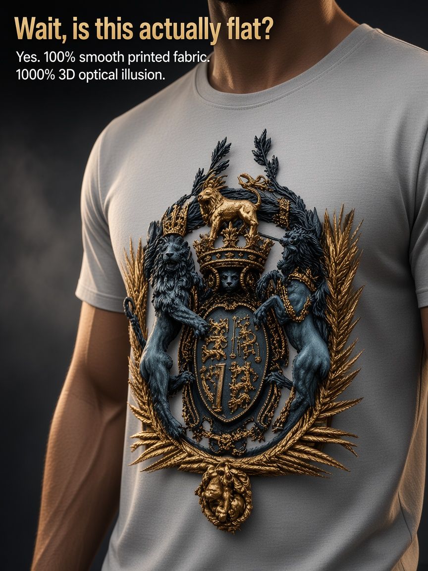 Royal Coat of Arms 3D Optical Illusion Graphic Tee - Breathable Athletic Mesh T-Shirt - Casual and Sports Wear