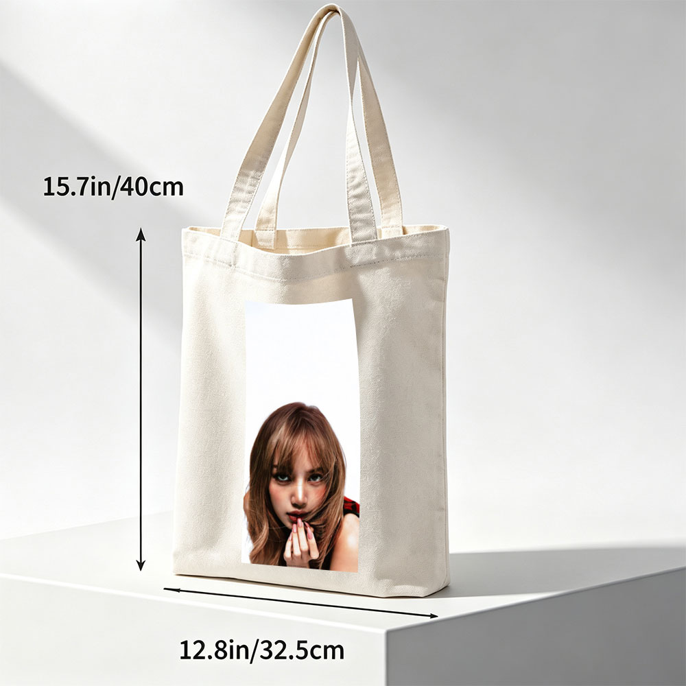Lisa Blackpink Close-Up Portrait with Blush and Pink Nails on White Background - Canvas tote bags