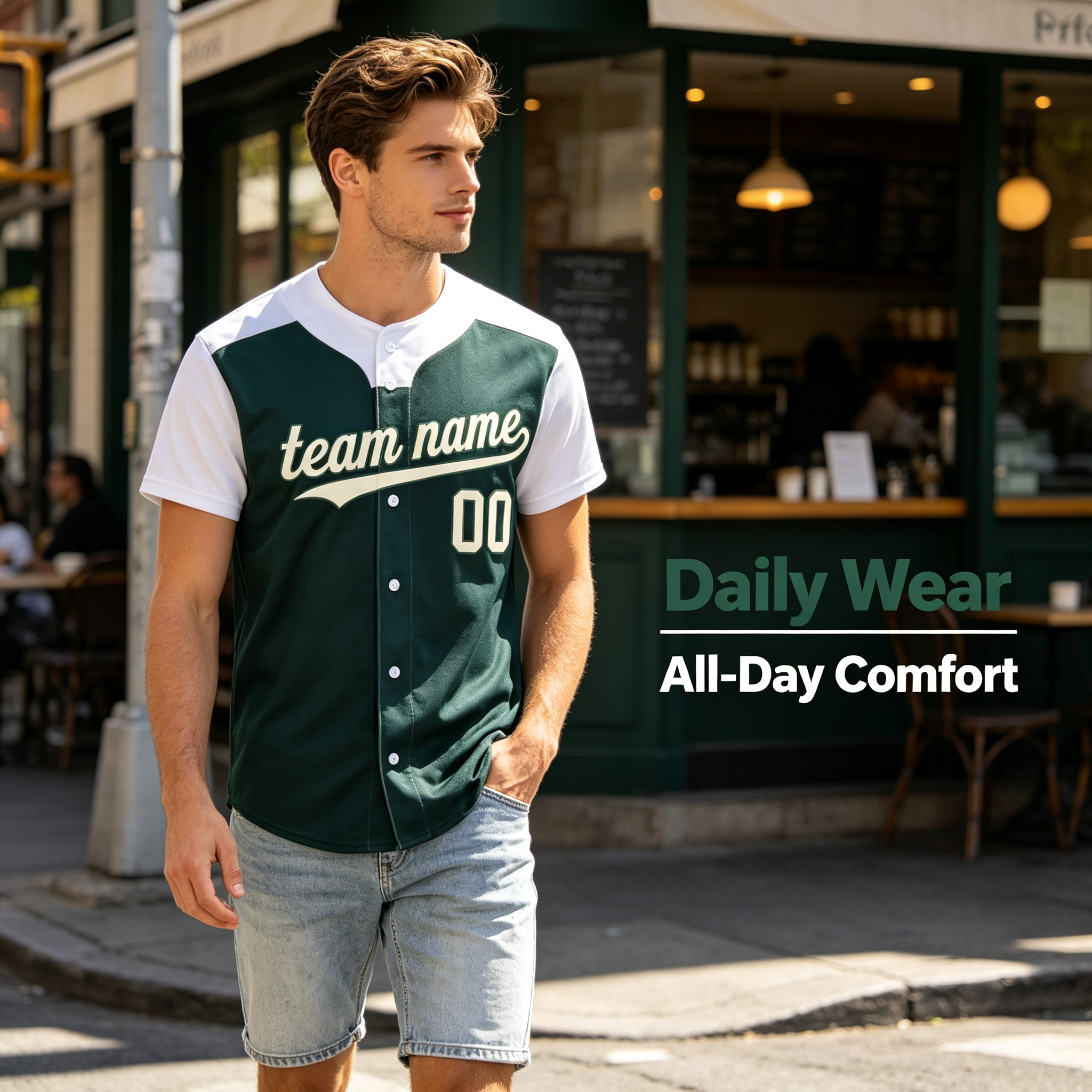 Custom Printed Colorado Mountain Peak Style Baseball Jersey Dark Green White Button Down Shirt for Men and Women