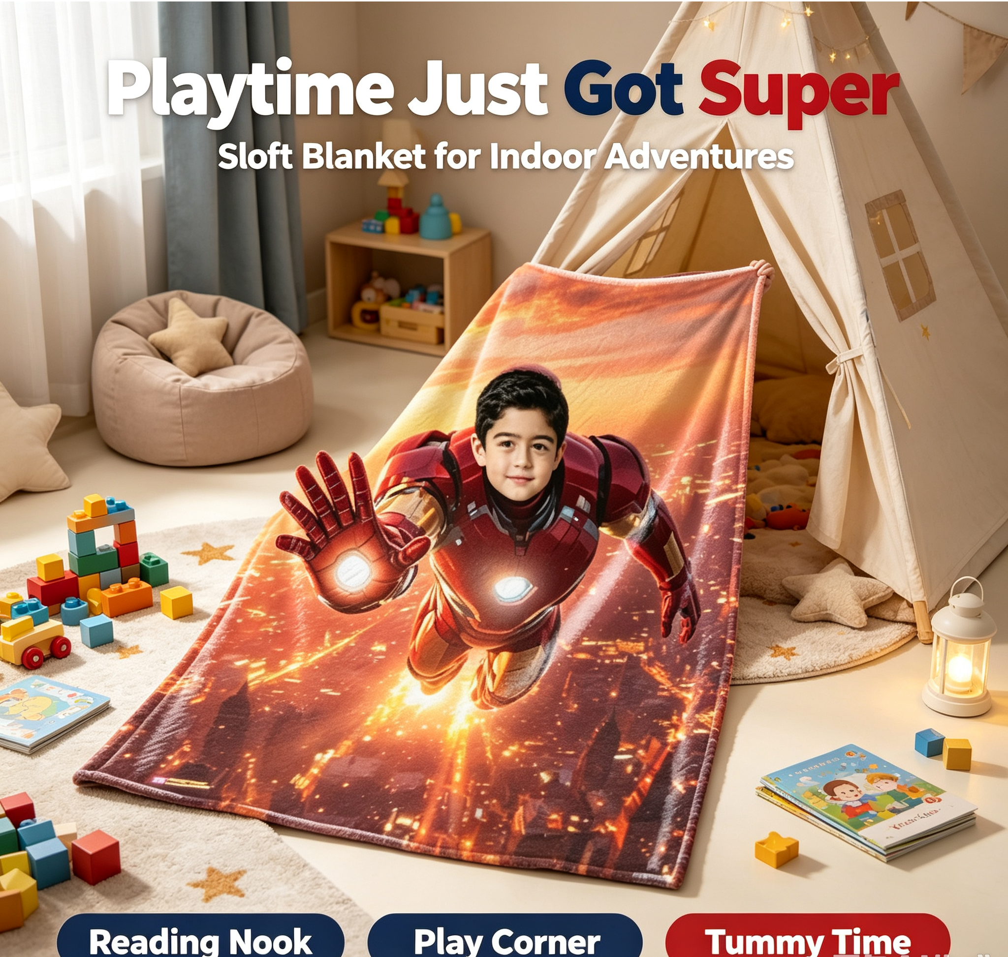 Custom Face Iron Man Flannel Throw Blanket, Personalized Superhero Blanket for Boys, Upload Your Photo Customized Kids Blanket, Unique Birthday Holiday Gift, Soft Warm Lightweight Blanket for Bedroom Play Tent Sofa Travel