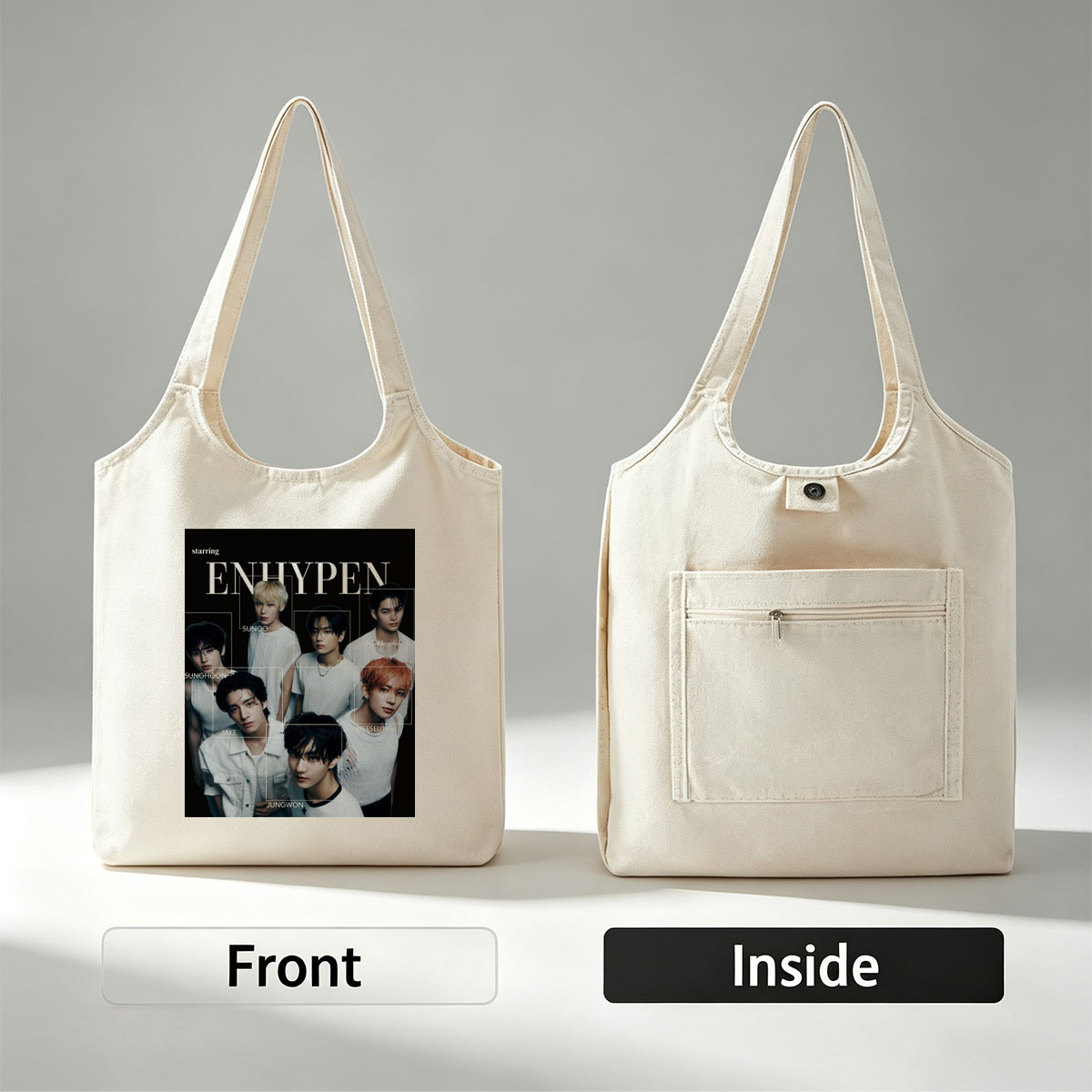 ENHYPEN in a striking black-and-white group portrait featuring all members in minimalist white outfits with individual name labels against a dark background - Canvas shoulder bags/