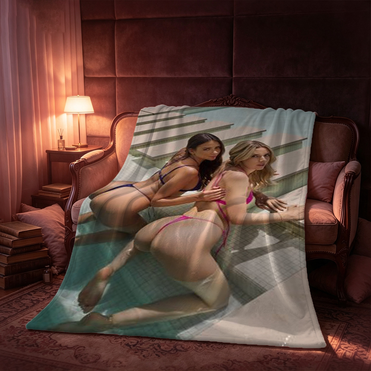 A woman in a sheer maroon off-shoulder lingerie set kneeling on a bed. - Blanket